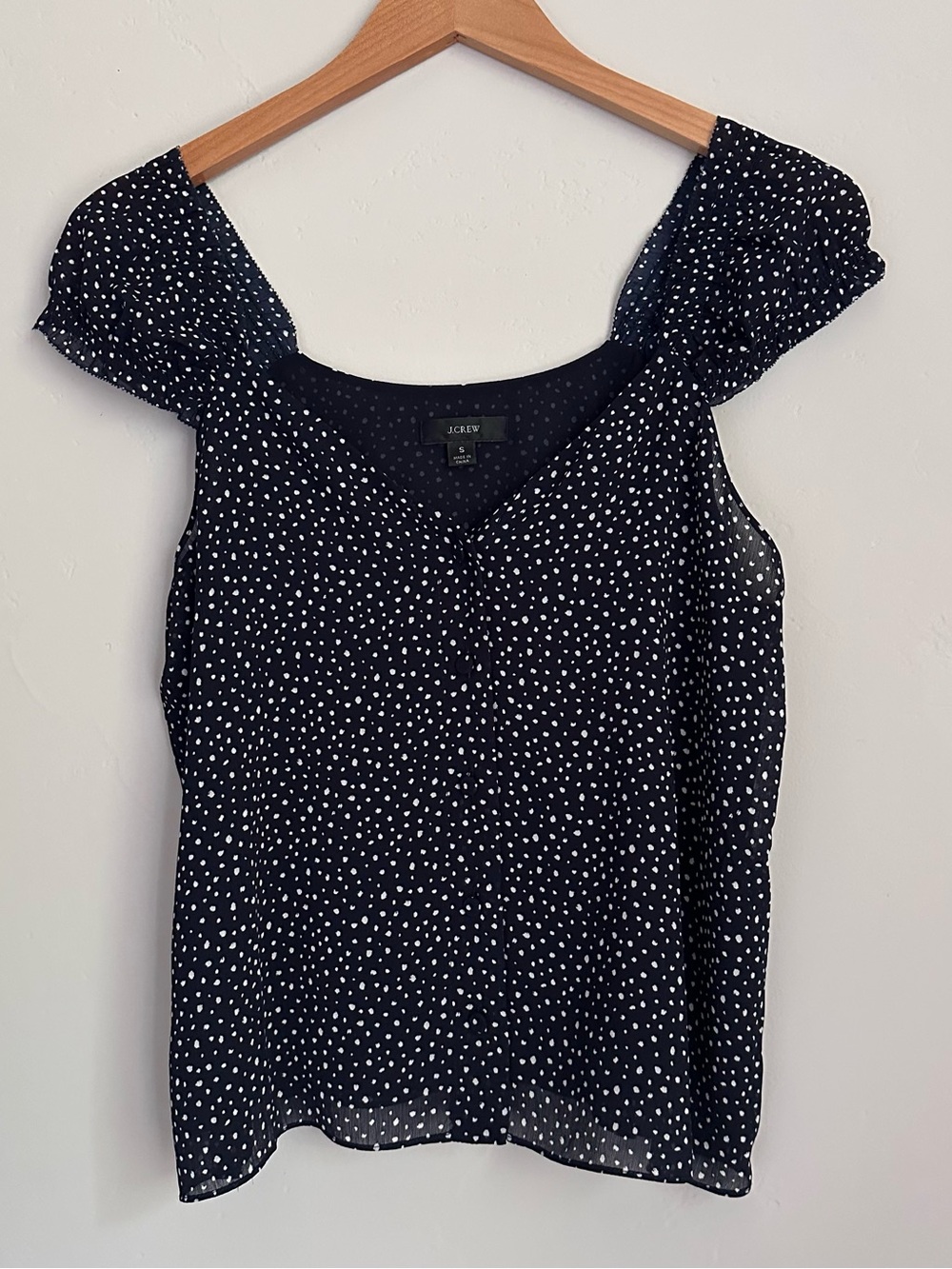 J. Crew Navy Blue Polka Dot Puff Sleeve V-Neck Top